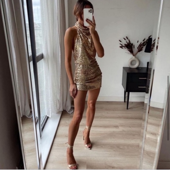 Zara Gold Sequin Halter Mini Dress - Picture 8 of 16